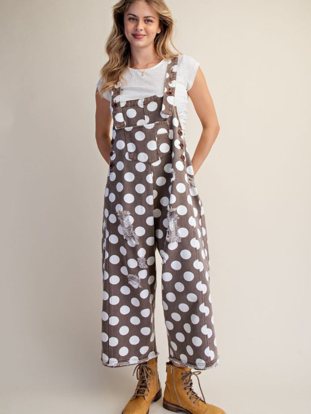 EASEL POLKA DOTS PRINT ENZYME WASHED TWILL OVERALL 100% COTTON